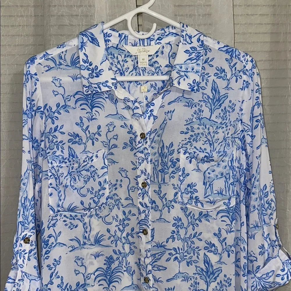 Lilly Pulitzer Natalie Resort White Blue Button Front Tab Sleeve Cover Up